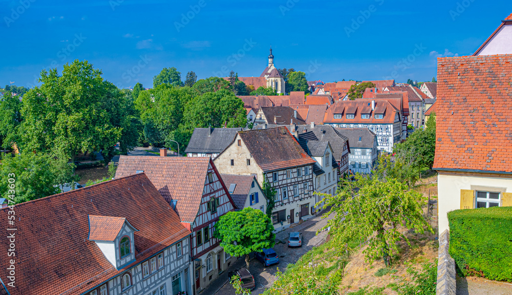 View from the red tower to the Dominican Church in Bad Wimpfen. Neckar Valley, Kraichgau, Baden-Württemberg, Germany, Europe