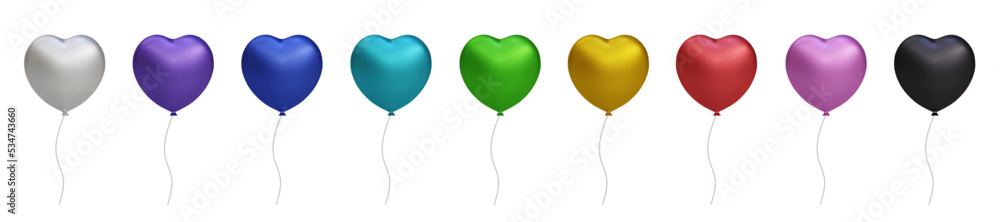 3d shiny colorful heart, glossy helium air balloon set isolated on ...