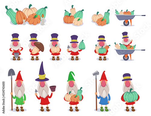 Gnome cartoon characters and pumpkins vector illustrations set. Collection or cartoon drawings of funny gnomes for farmhouse isolated on white background. Autumn or fall, Thanksgiving, harvest concept