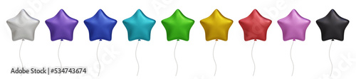 3d shiny colorful star, glossy helium air balloon set isolated on transparent background. Vector realistic gold, silver, white, golden colorful and black festive. Template for anniversary, birthday
