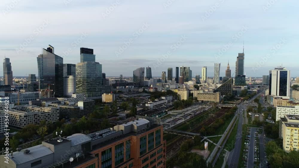 custom made wallpaper toronto digitalWarsaw city skyline, aerial view. Drone footage of Poland capital city.  Cityscape of Warsaw city by the Vistula river.