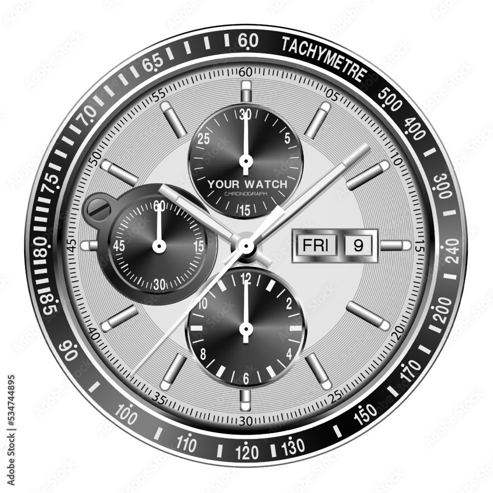 Realistic clock watch chronograph silver black face dashboard for men luxury on isolated background vector Realistic clock watch chronograph silver black face dashboard for men luxury on isolated background vector