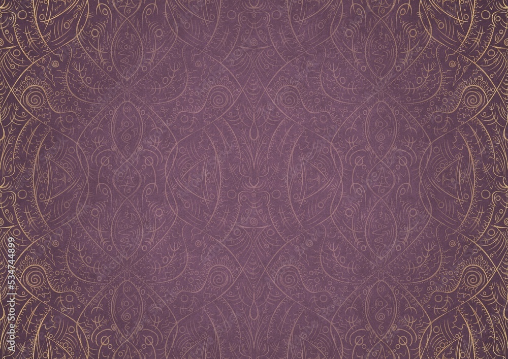 custom made wallpaper toronto digitalHand-drawn unique ornament. Light semi transparent pink on a purple background, with vignette of same pattern in golden glitter on a darker background color. Paper texture. A4. (pattern: p08-2b)