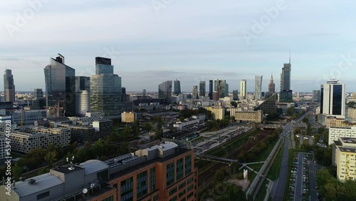 Wallpaper Mural Warsaw city skyline, aerial view. Drone footage of Poland capital city.  Cityscape of Warsaw city by the Vistula river. Torontodigital.ca