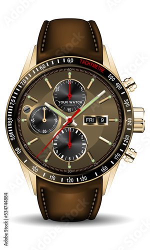 Realistic gold clock watch chronograph brown leather strap red arrow for men luxury on isolated background vector