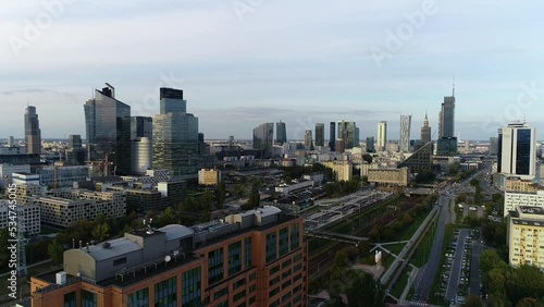 Wallpaper Mural Warsaw city skyline, aerial view. Drone footage of Poland capital city.  Cityscape of Warsaw city by the Vistula river. Torontodigital.ca