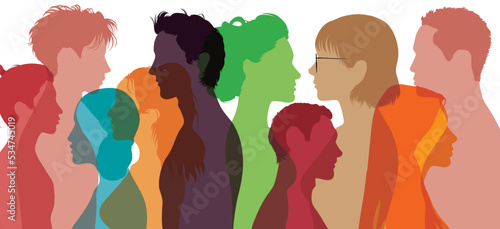People of diverse ethnicities and races with multicultural society and friendship. Racial equality and anti-racism in flat cartoon profile group with men and women.