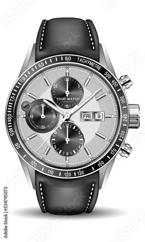 Realistic clock watch chronograph silver black leather strap for men luxury on isolated background vector