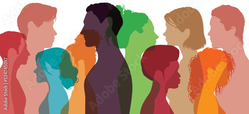 Dialogue people profile. Individuals speaking in a group. Multiple exposure. Conference or debate. Conversation between friends.