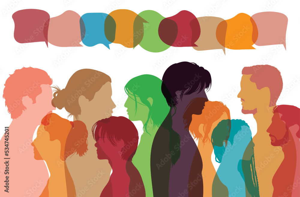 Multiethnic communication. Confusion and disorganisation. Globalisation and speech bubbles. Multicultural population. People talk in crowds. Multiethnic communication. Confusion and disorganisation. Globalisation and speech bubbles. Multicultural population. People talk in crowds.