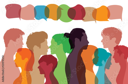 Communication. Social networks. Sharing ideas and information on social networks. Cartoon face profile of international people speaking and interacting.