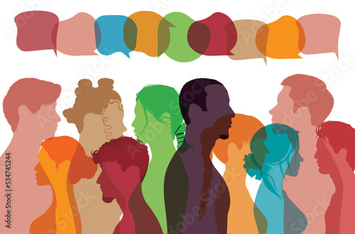 Text for communication. Speak and communicate in social networks. Community and Speak. Vector cartoon of multi-ethnic people in profile.	