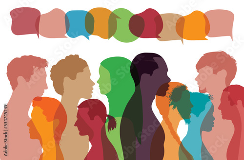 Multicultural society. Multiethnic communication and sharing of ideas. Immigration and disorganisation. Vector cartoon coloured profile of multiethnic people.