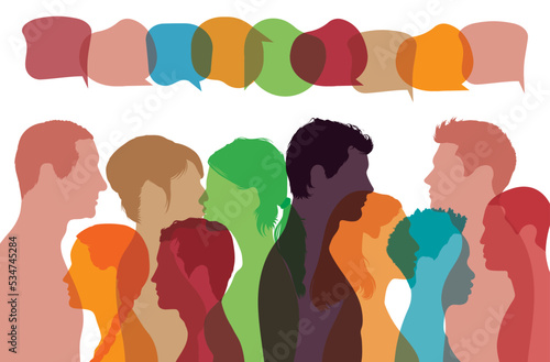 People on social networks talking in a multi-ethnic crowd. Peace, equality, and protest. Communication concept. Large multi-cultural group.