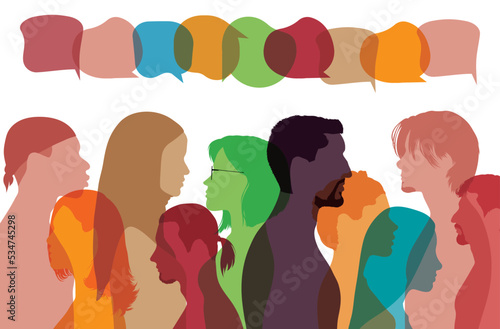 People on social networks talking in a multi-ethnic crowd. Peace, equality, and protest. Communication concept. Large multi-cultural group.