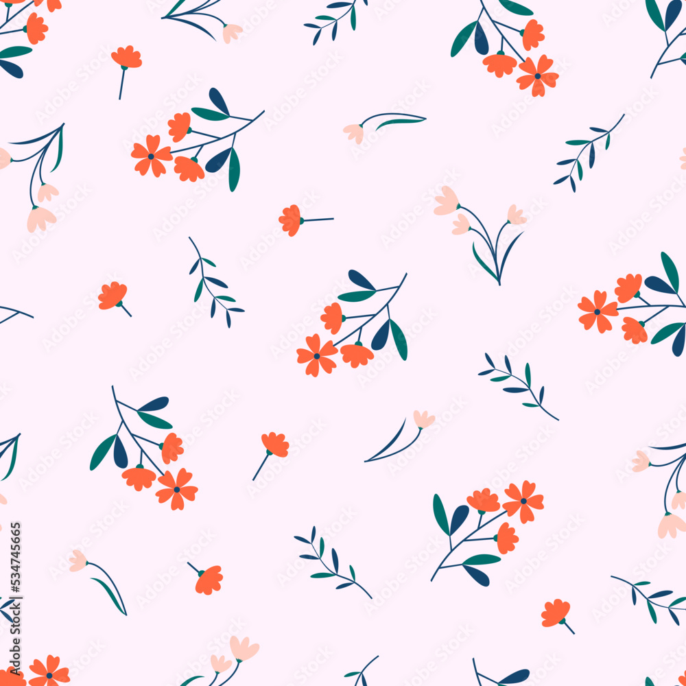 Ornate stylish ditsy floral seamless pattern. Background design of abstract flowers and leaves. Repeating texture for printing
