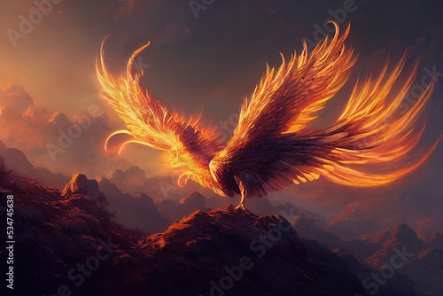 Phoenix bird risen from the ashes  fire bird. Burning bird. 3D illustration.