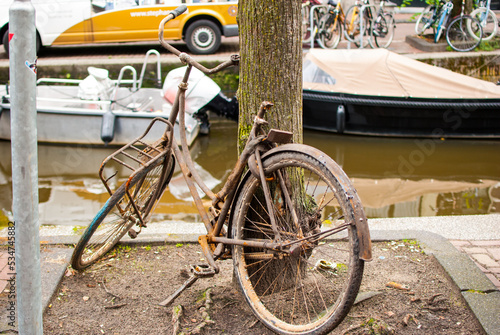 Bicicleta antigua oxidada y sin sillín, extraida de un canal de ámsterdam y apoyada en un árbol, países bajos, holanda photo