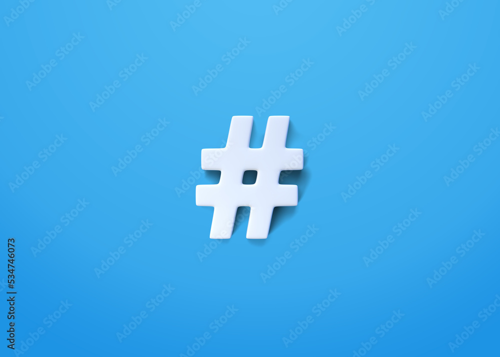 Fototapeta premium White hashtag symbol on a blue background. Minimal creative concept. Top view. 3d rendering illustration