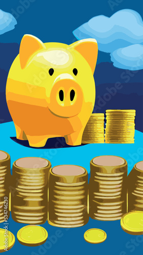 Pink piggy bank with falling coins. The concept of saving money or opening a bank deposit. Investing in the future. Isolated vector illustration of a piggy bank in a flat style.