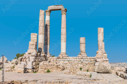A close up of the rear of the Temple of Hercules in the citadel in Amman, Jordan in summertime