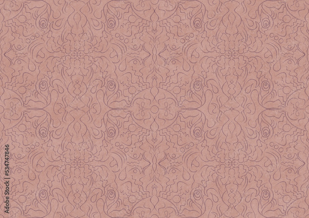 Hand-drawn abstract seamless ornament. Purple on a pale pink background. Paper texture. Digital artwork, A4. (pattern: p07-1b) Hand-drawn abstract seamless ornament. Purple on a pale pink background. Paper texture. Digital artwork, A4. (pattern: p07-1b)