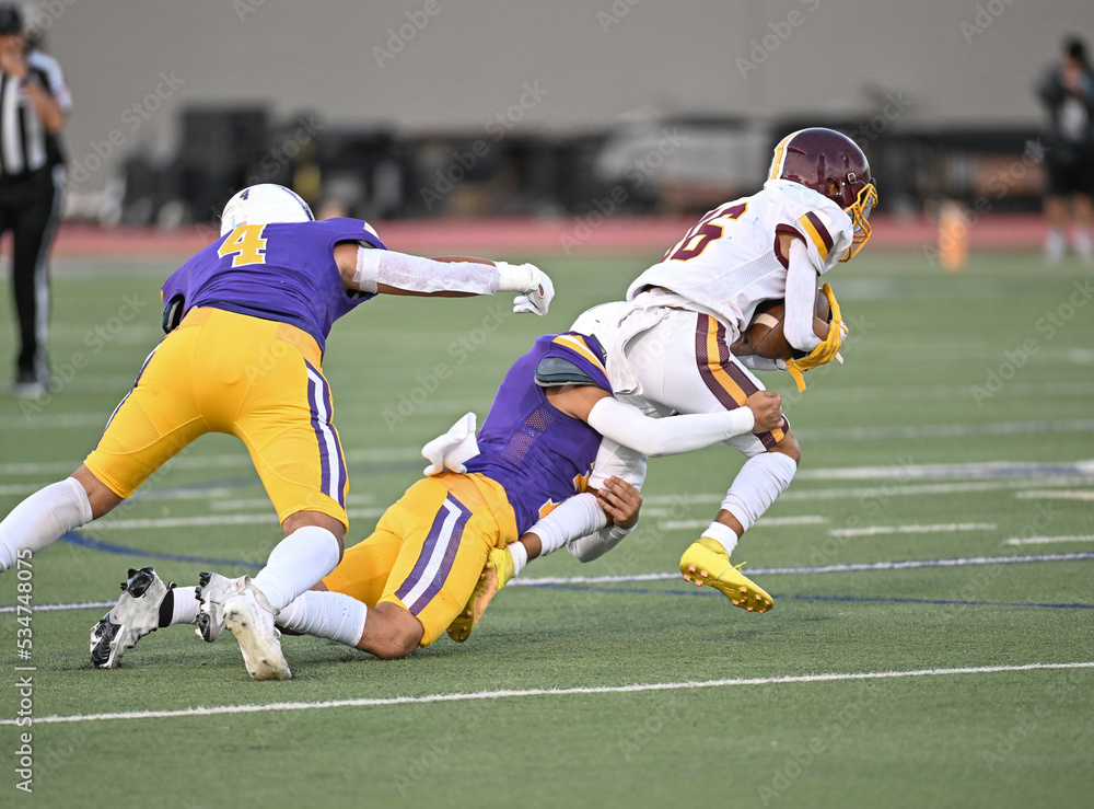Fototapeta premium Young athletic tackle football players making great plays during a game