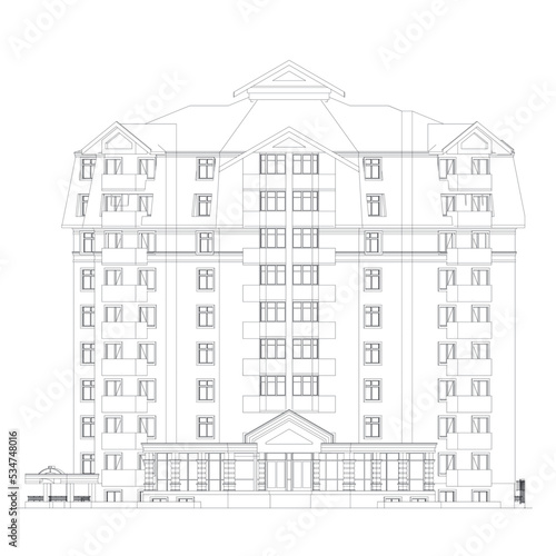 Multistory building facades, detailed architectural technical drawing, vector blueprint