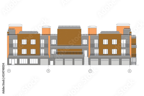 Multistory building facades, detailed architectural technical drawing, vector blueprint