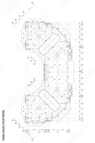Detailed architectural plan of a multistory house roof, vector