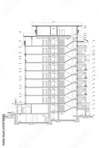 Multistory building section, detailed architectural technical drawing, vector blueprint © Lydia Sokor