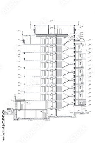 Multistory building section, detailed architectural technical drawing, vector blueprint