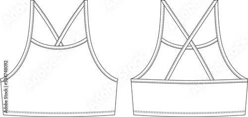 Girl bralette technical sketch. Women's top bra with straps underwear design template.