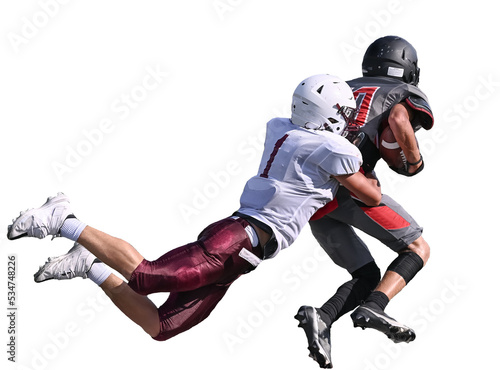 Young athletic tackle football players making great plays during a game