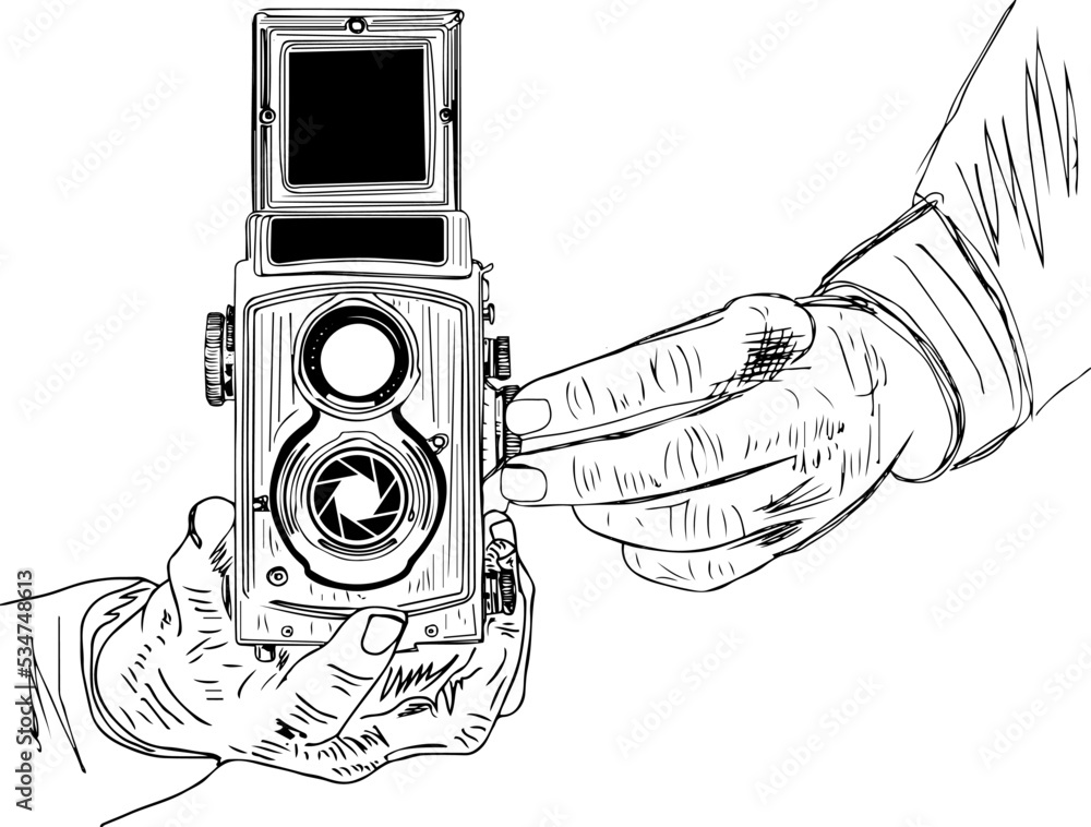 Vintage Camera Hand Drawing Black and White with Line Art Stock Vector   Illustration of focus drawing 141580188