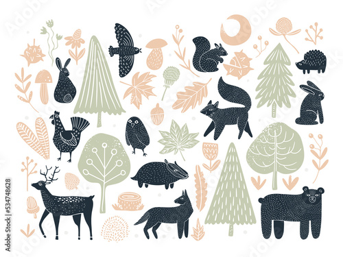 Big collection with forest animals, trees and plants in linocut textured style. Isolated on white background vector illustration
