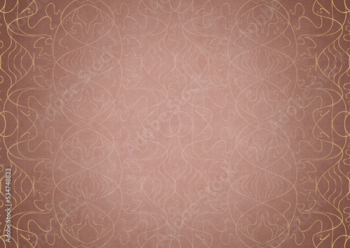 Hand-drawn unique ornament. Light semi transparent pink on a pale pink background, with vignette of same pattern in golden glitter on a darker background color. Paper texture. A4. (pattern: p02-1b)