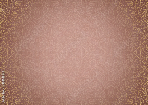 Hand-drawn unique ornament. Light semi transparent pink on a pale pink background, with vignette of same pattern in golden glitter on a darker background color. Paper texture. A4. (pattern: p02-2b)
