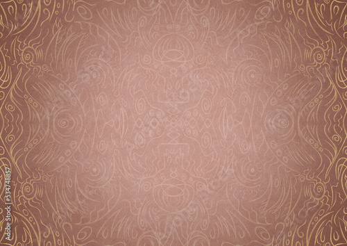Hand-drawn unique ornament. Light semi transparent pale pink on a pale pink background, with vignette of same pattern in golden glitter on a darker background color. Paper texture. A4. (pattern: p03a)