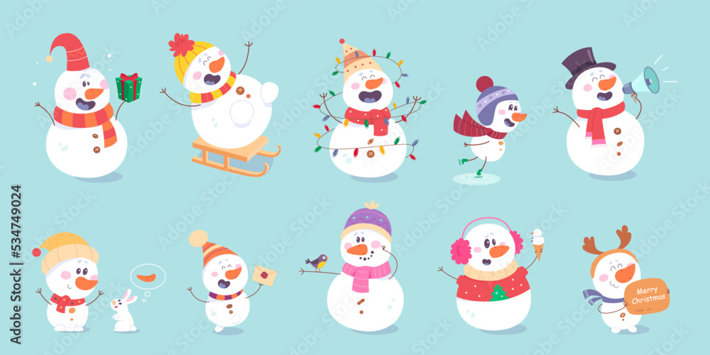 Cute snowmen set, characters greeting with happy Christmas wishes and gifts, playing Cute snowmen set, characters greeting with happy Christmas wishes and gifts, playing