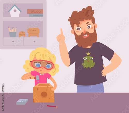 Woodwork master class with kid and carpenter teacher vector illustration. Cartoon man teaching little girl to work with wood, build or repair bird house background. Education concept