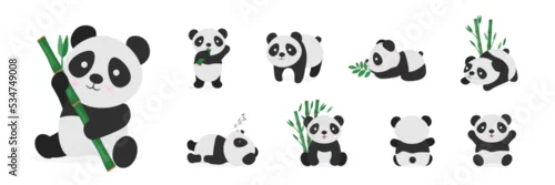 Fototapeta samoprzylepna Cute pandas flat vector color illustrations set. Baby panda bear in different poses cartoon character. Sleepy and lazy animal. Asian wildlife. Rainforest, jungle mammal eating bamboo