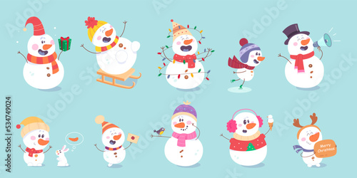 Cute snowmen set, characters greeting with happy Christmas wishes and gifts, playing