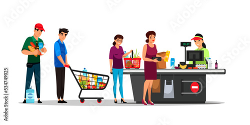 Queue of people at supermarket checkout, man and woman paying and waiting in line