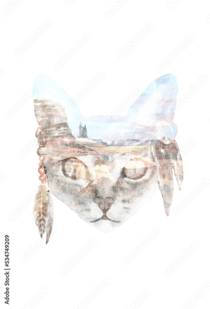 Naklejka premium Watercolor double exposure cat illustration, cute animal face,head portrait. Dreamy desert poster,flyer, print,printable. Black and White, colorful cinematic design.