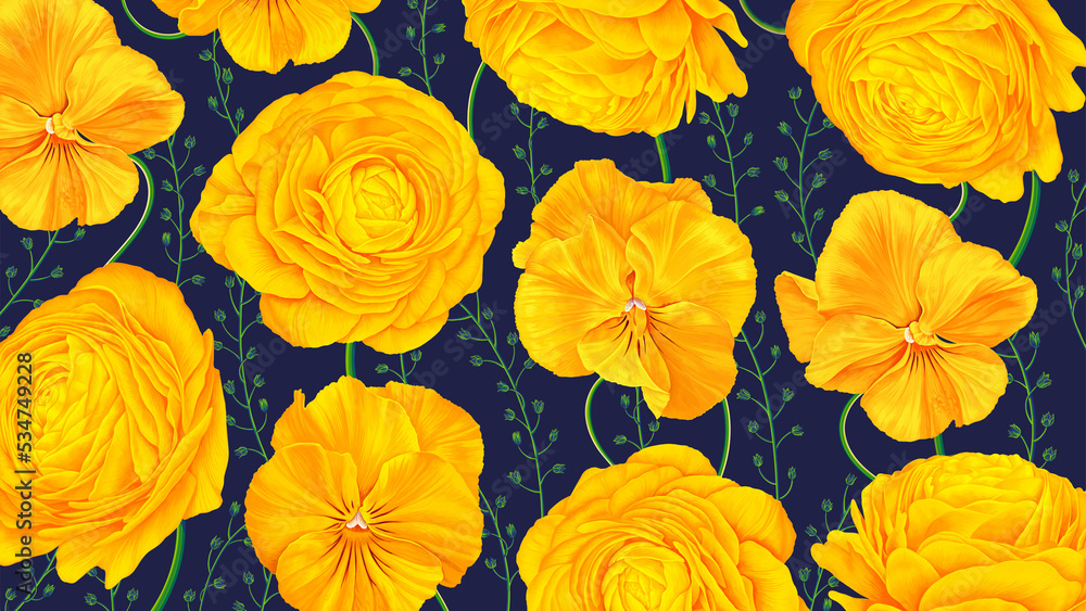 Horizontal background with bright yellow flowers. Buttercups and pansies on a dark background. Realistic hand-drawn plants. Backgrounds for computers, tablets, posters, banners, clothing design Horizontal background with bright yellow flowers. Buttercups and pansies on a dark background. Realistic hand-drawn plants. Backgrounds for computers, tablets, posters, banners, clothing design