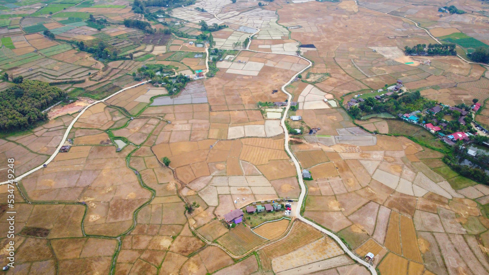 Obraz premium 稲刈りが終わった後の田園風景 タイ・ナーン