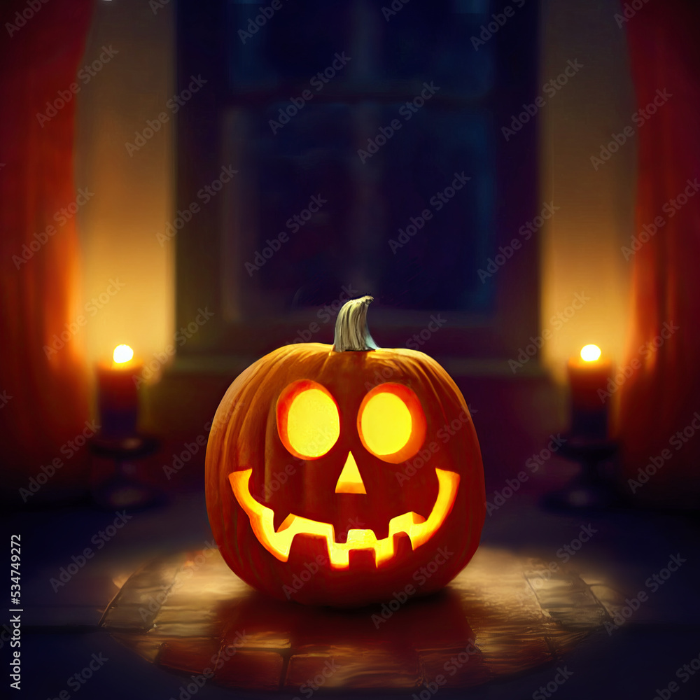 Fototapeta premium Smiling Halloween pumpkin with glowing eyes on a table in a dark room lit with candles. Generative AI illustration with copy space