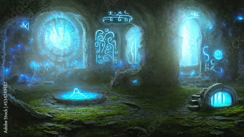 Old palace stone corridor  portal  passage to another world. Stone arches with magical light  runes. Fantasy palace interior with a portal. 3D illustration.