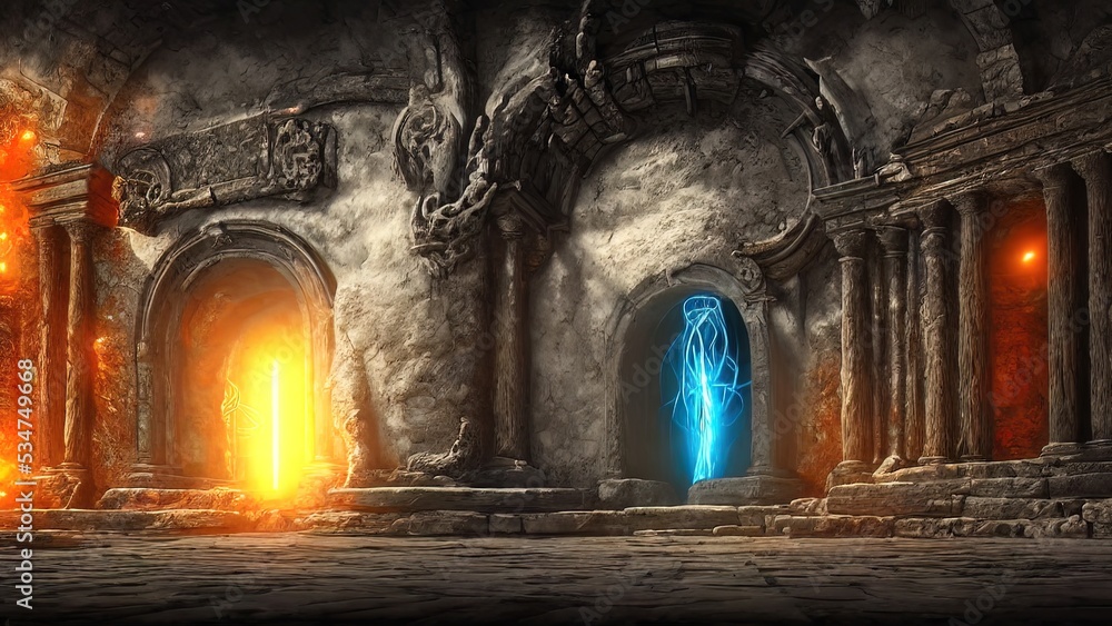 Old palace stone corridor, portal, passage to another world. Stone arches with magical light, runes. Fantasy palace interior with a portal. 3D illustration.